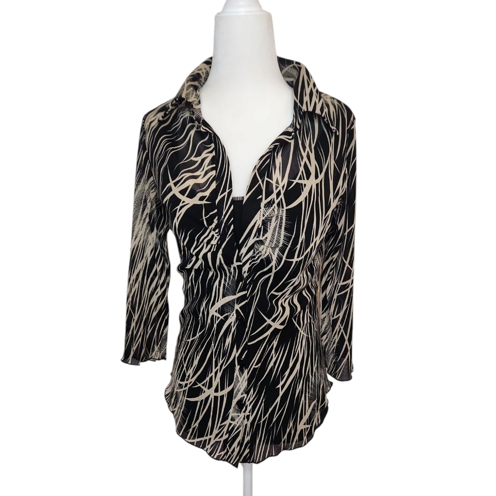 JTLACalifornia Women's Black/ Cream/Tan Monotone Art WearForest PrintTop Size SP